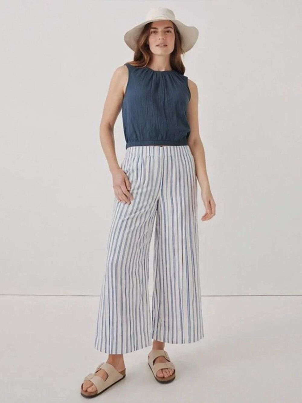 Pact Double Gauze Coastal Wide Leg Pants Sz M 100% Organic Cotton Striped